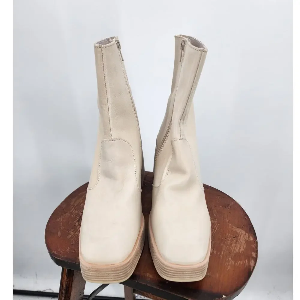 Free People Ruby Bone Off White Square Toe Ankle Block Heel Bootie Size 39.5 9.5